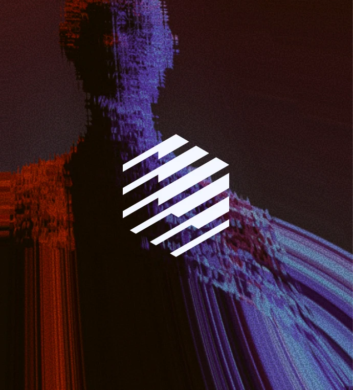 Distorted portrait of a figure overlaid with the CUBE AI mark